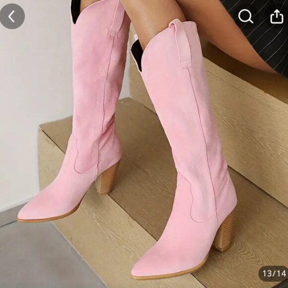 Women's High Heeled Long Boots, Pointed Toe V-cut Pull On Cowboy Boots, Block He - Picture 2 of 2